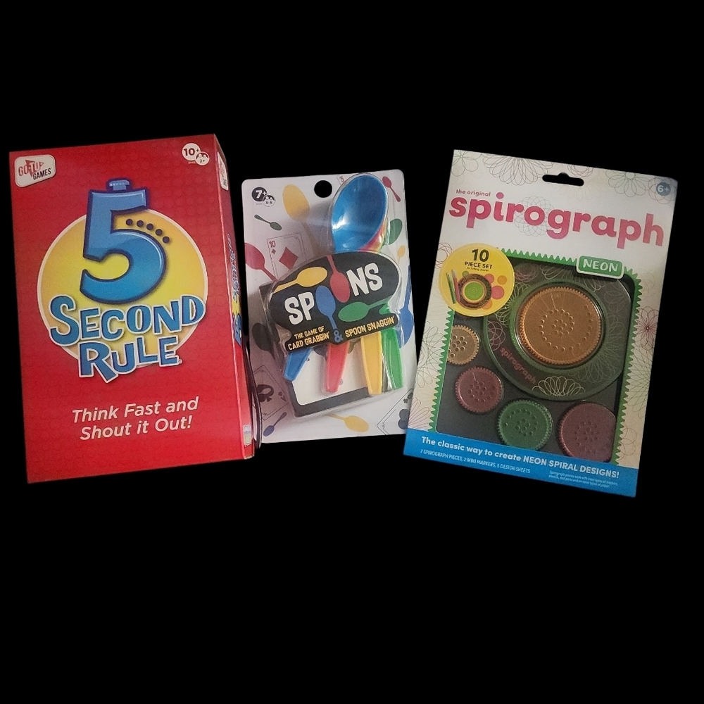 💘❤️3 Game Bundle. All New In Box And Unopened. Spoons, 5 Sec Rule& A Spirograph
